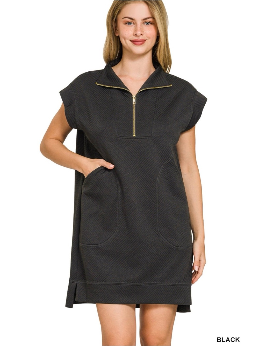 Black Jacquard Quarter Zip Dress